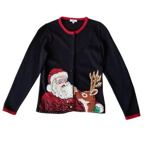 Tabi Hand-Crafted Santa and Rudolph Christmas Cardigan in Black and Red Size XS